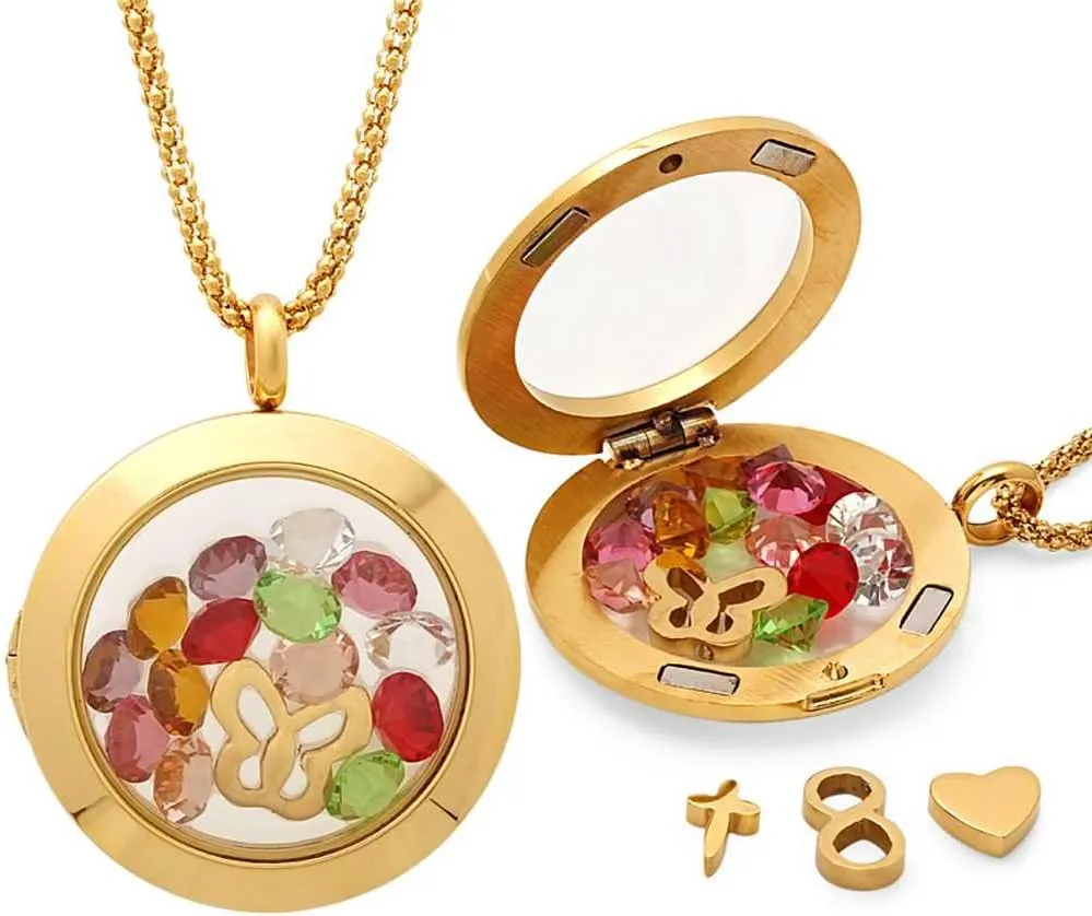 Gem Stone King Stunning Crystals Charm Locket Pendant Necklace with Interchangeable Infinity Cross & Heart Shape Charms (30MM = 1.1 inch, with 24 Inch Chain)