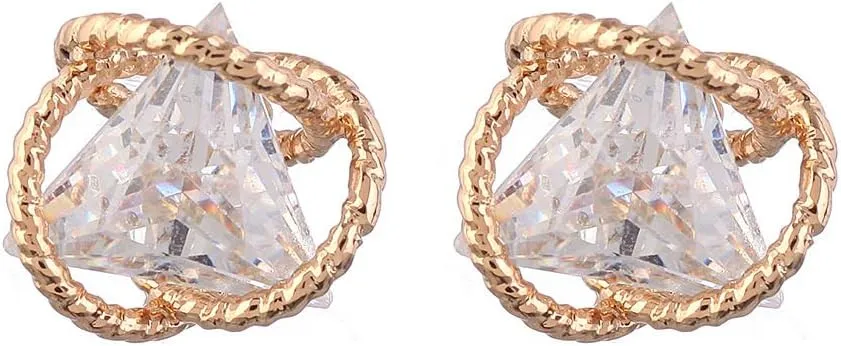 Geometric Triangle Cubic Zirconia Stud Earrings for Womens, Gold-Plated-Brass,