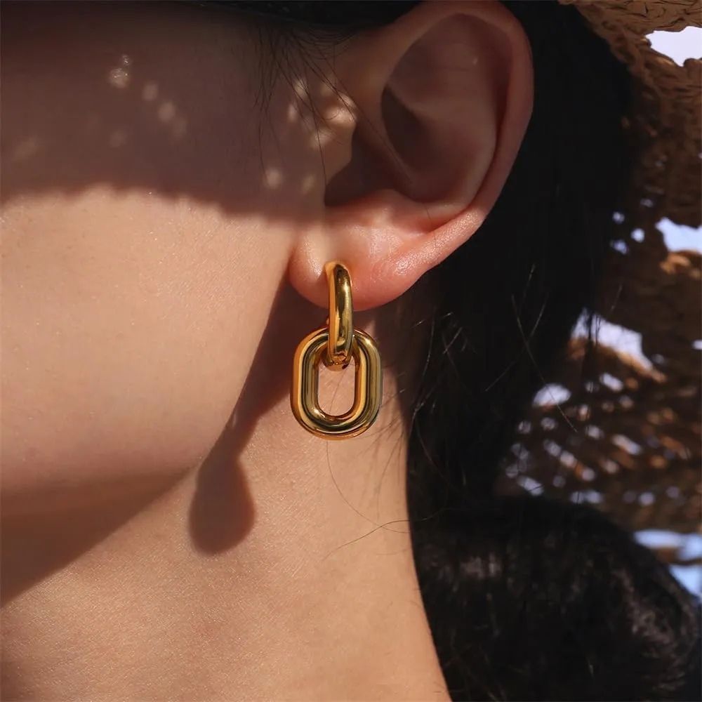 Geometry Minimalist Stud Earrings Hollow Rectangle Chain Link Drop Earrings Stainless Steel U-Shaped Dangle Studs for Women