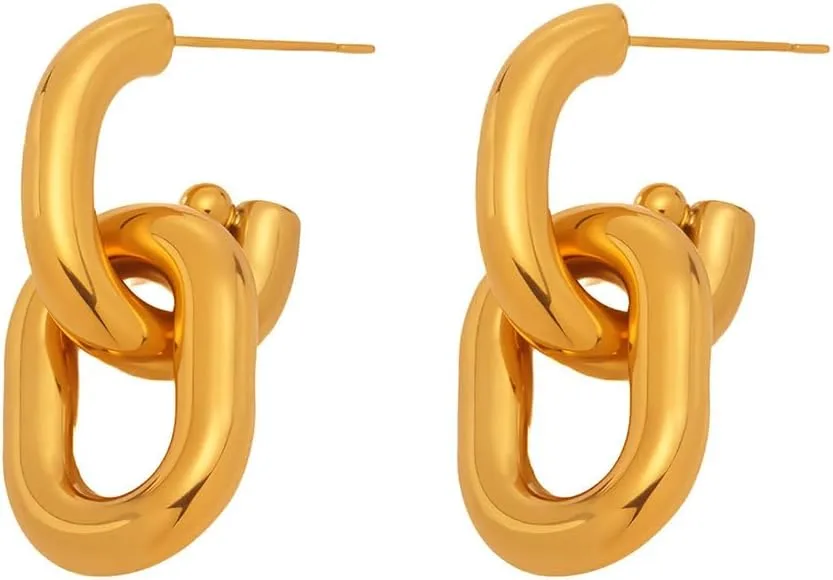 Geometry Minimalist Stud Earrings Hollow Rectangle Chain Link Drop Earrings Stainless Steel U-Shaped Dangle Studs for Women