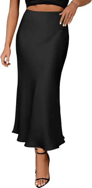 Giovacker Womens Elegant Silk Satin Skirts Casual High Waist A-line Maxi Long Skirt Side Zipper Flowy Party Bodycon Skirts