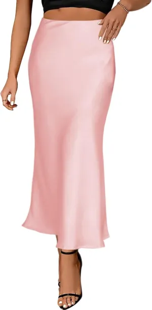 Giovacker Womens Elegant Silk Satin Skirts Casual High Waist A-line Maxi Long Skirt Side Zipper Flowy Party Bodycon Skirts