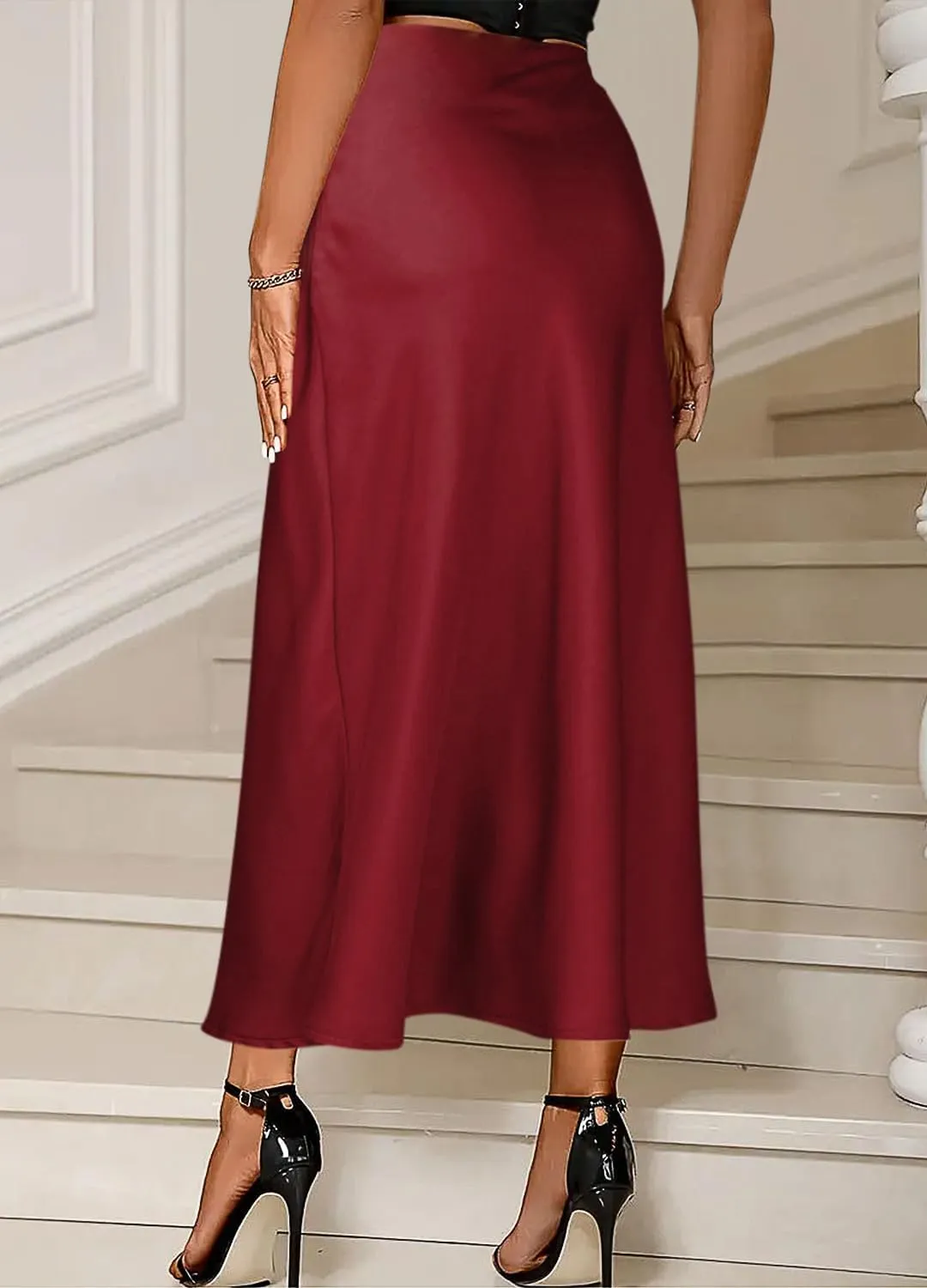 Giovacker Womens Elegant Silk Satin Skirts Casual High Waist A-line Maxi Long Skirt Side Zipper Flowy Party Bodycon Skirts