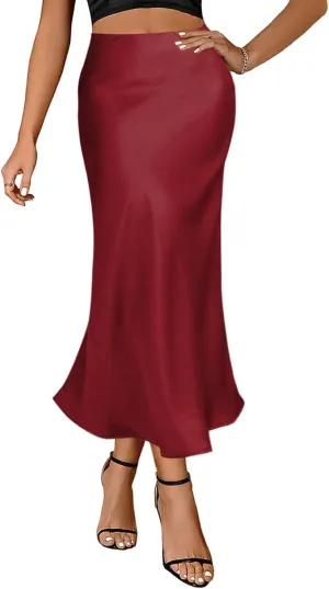 Giovacker Womens Elegant Silk Satin Skirts Casual High Waist A-line Maxi Long Skirt Side Zipper Flowy Party Bodycon Skirts