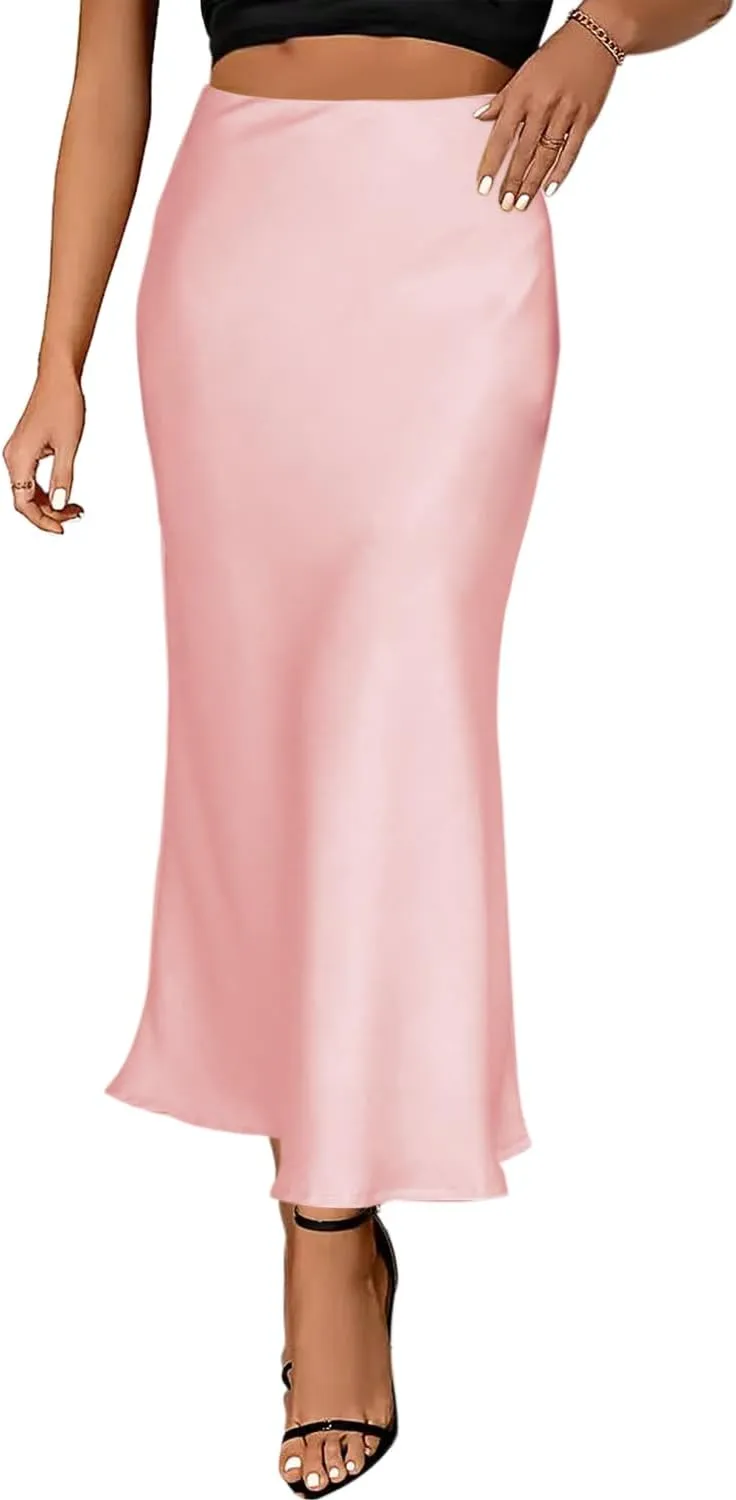Giovacker Womens Elegant Silk Satin Skirts Casual High Waist A-line Maxi Long Skirt Side Zipper Flowy Party Bodycon Skirts