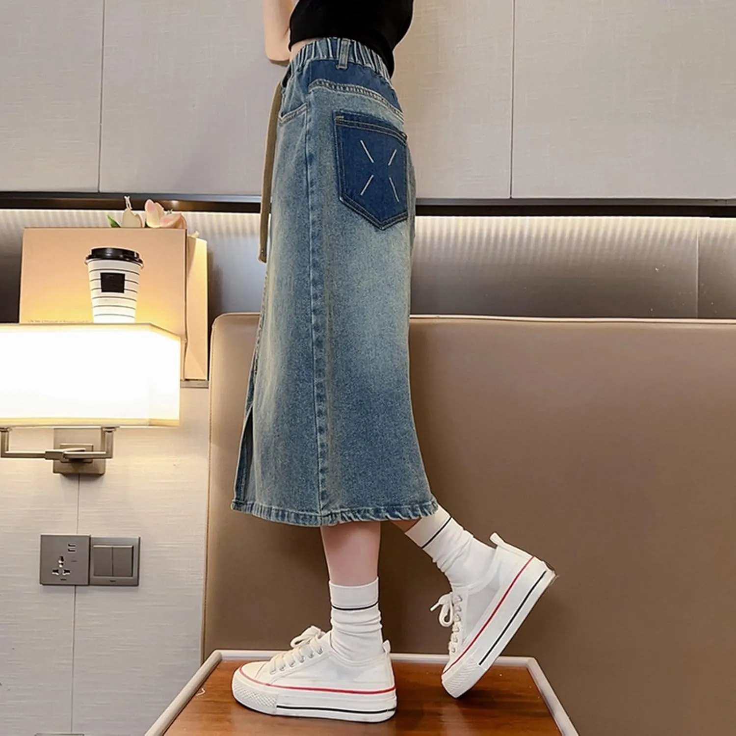 Girls Casual Stretch Waist Washed Denim A-line Maxi Skirt Midi Pleated Buttons A-Line Over-Knee Dress with Pocket