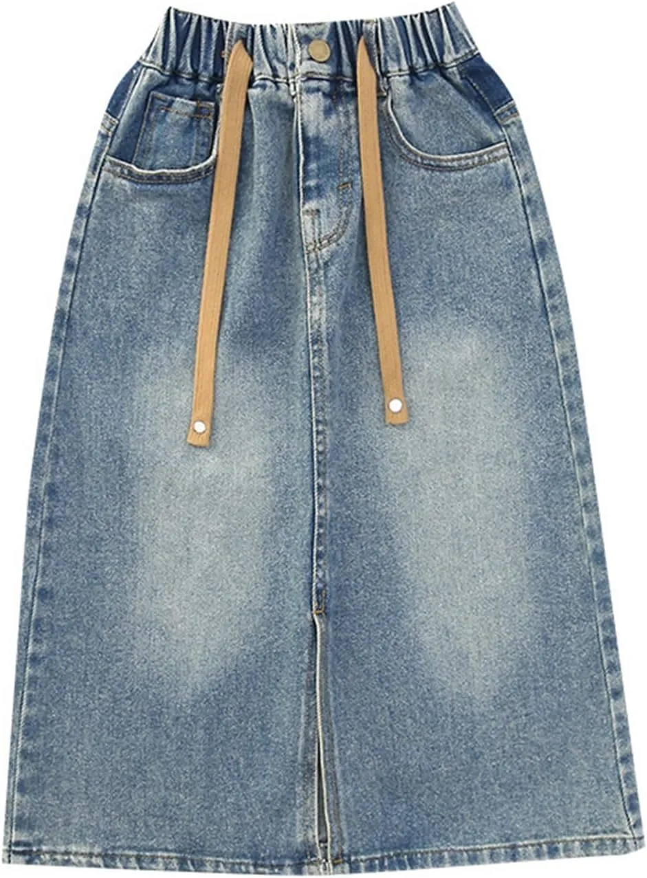 Girls Casual Stretch Waist Washed Denim A-line Maxi Skirt Midi Pleated Buttons A-Line Over-Knee Dress with Pocket