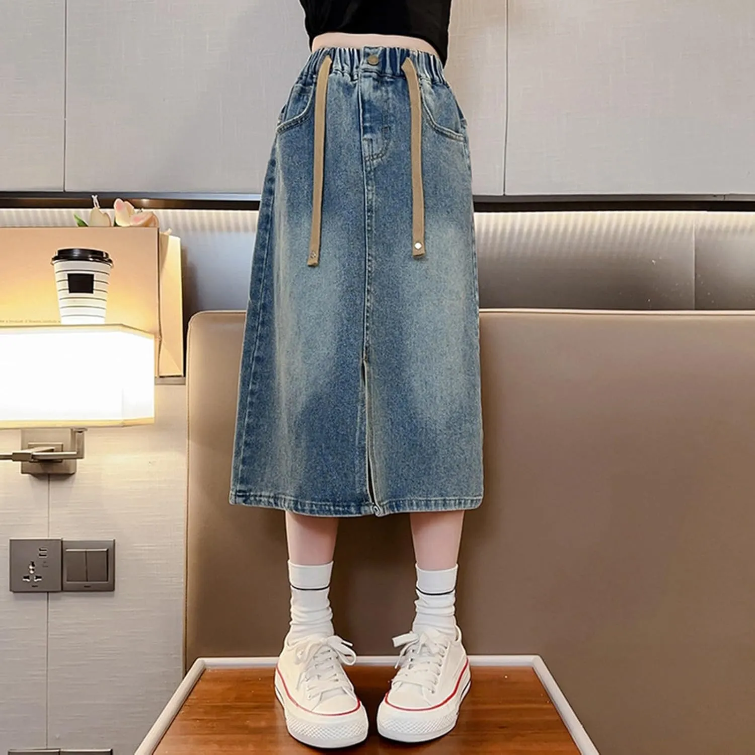 Girls Casual Stretch Waist Washed Denim A-line Maxi Skirt Midi Pleated Buttons A-Line Over-Knee Dress with Pocket