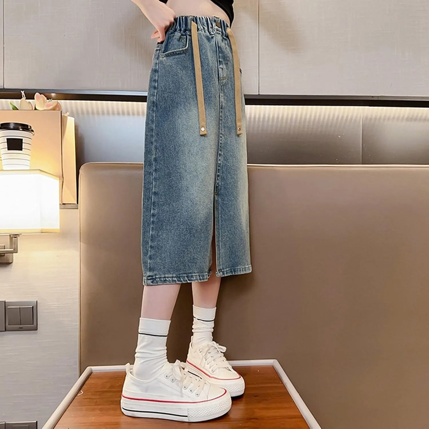 Girls Casual Stretch Waist Washed Denim A-line Maxi Skirt Midi Pleated Buttons A-Line Over-Knee Dress with Pocket