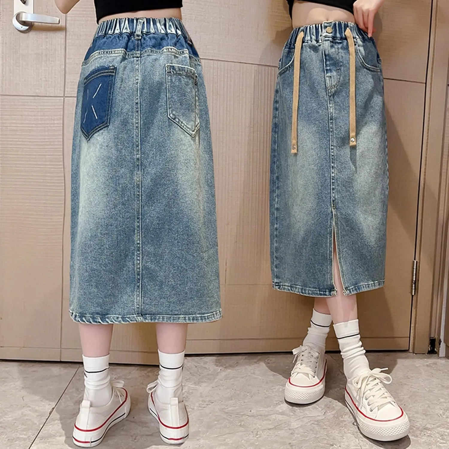 Girls Casual Stretch Waist Washed Denim A-line Maxi Skirt Midi Pleated Buttons A-Line Over-Knee Dress with Pocket