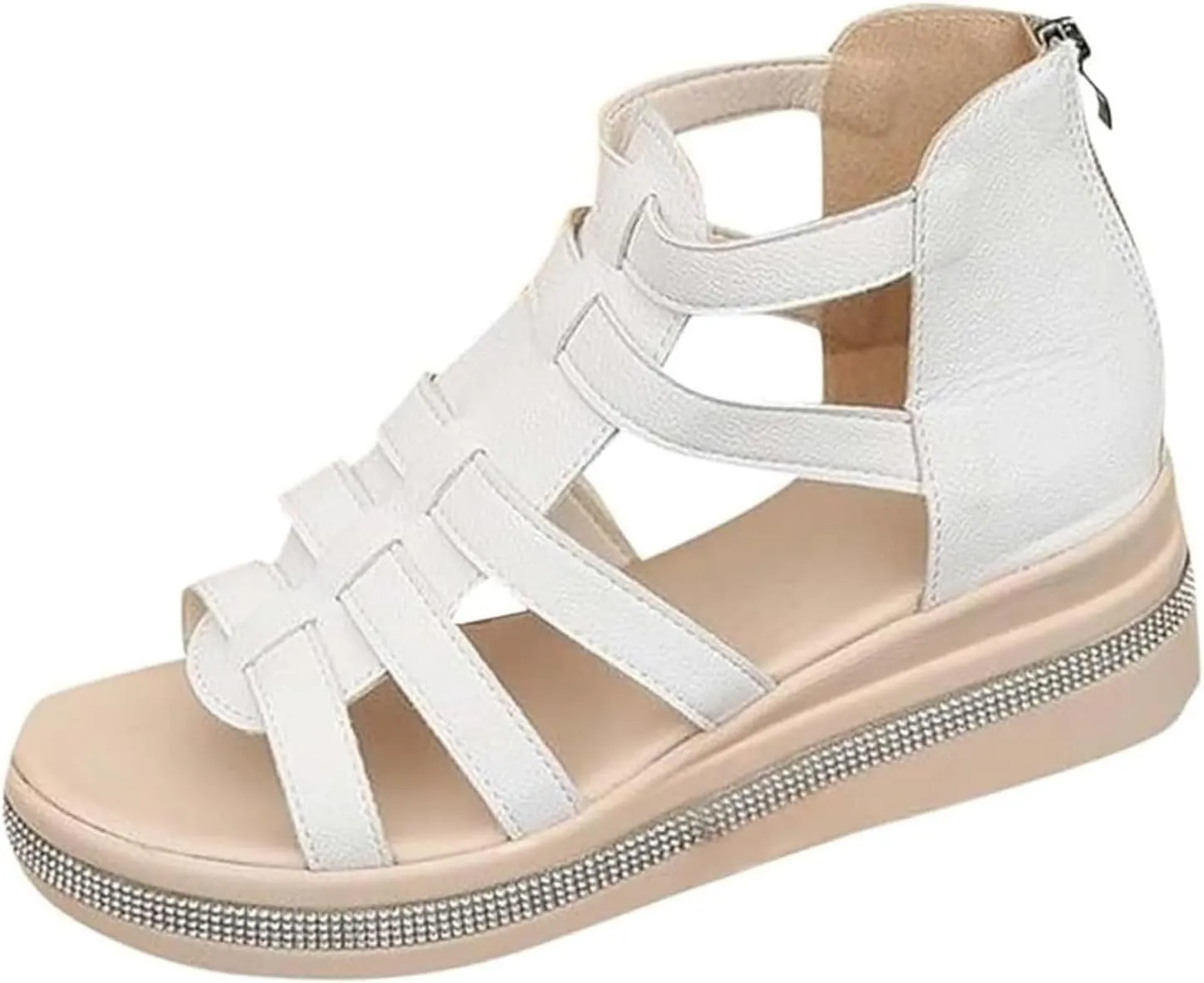Gladiator Sandals for Women Rhinestone Platform Wedge Sandals, Open Toe Hollow Out Breathable Orthopedic Sandal Summer Slip on Beach Walking Shoes with Back Zipper