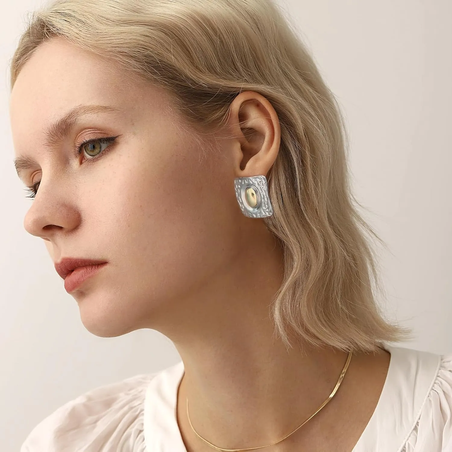Gold and Silver Square Hammered Earrings Studs - Two Tone Geometric Jewelry Gifts for Women
