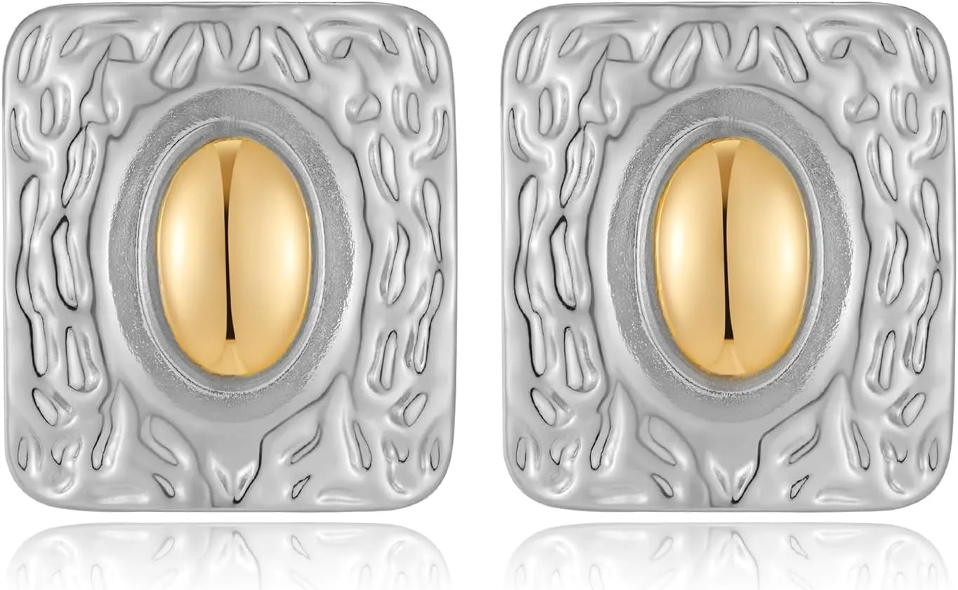 Gold and Silver Square Hammered Earrings Studs - Two Tone Geometric Jewelry Gifts for Women