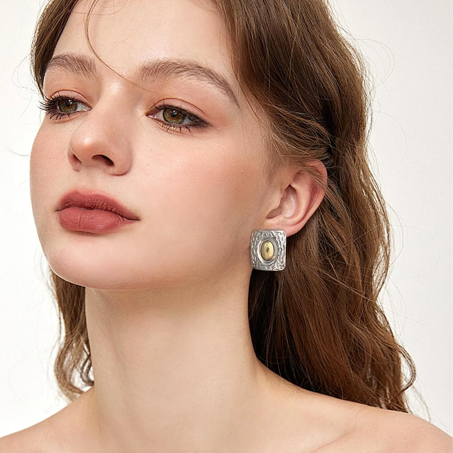 Gold and Silver Square Hammered Earrings Studs - Two Tone Geometric Jewelry Gifts for Women