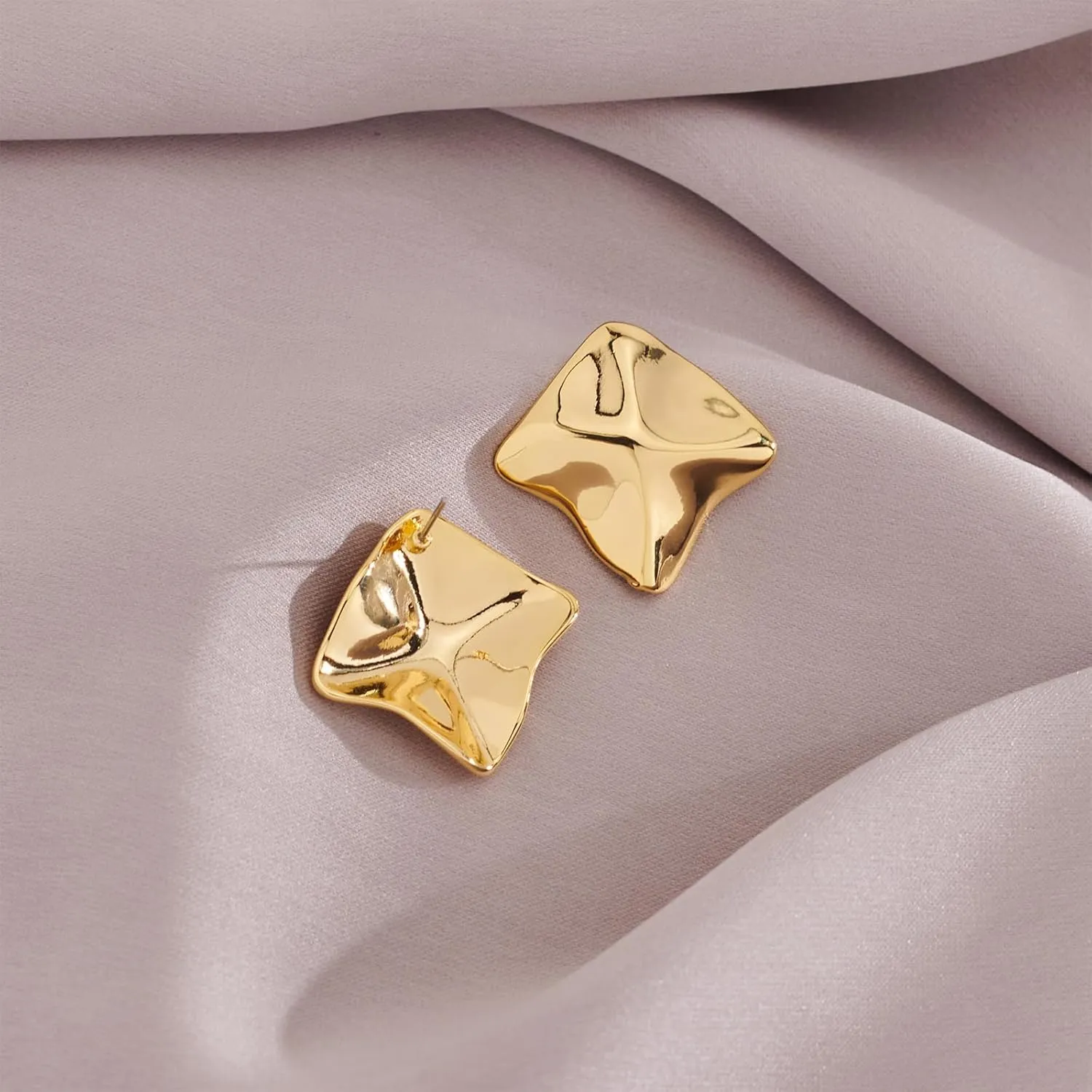 Gold Geometric Stud Earrings Chunky Statement Earrings for Women Irregular Crumpled Square Half-ball Triangle Heart Stud Earrings Jewelry Gifts