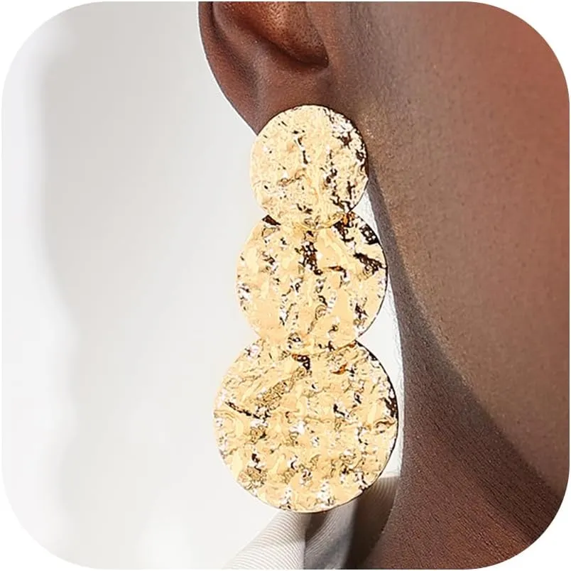 Gold Hammered Geometric Dangle Earrings for Women Dainty Chunky Big Disc Earrings Aesthetic Minimalist Statement Earring Studs Jewelry