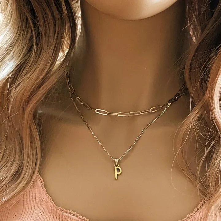 Gold Paperclip Initial Layered Necklace Set (16 inch-18 inch-24 inch, X)