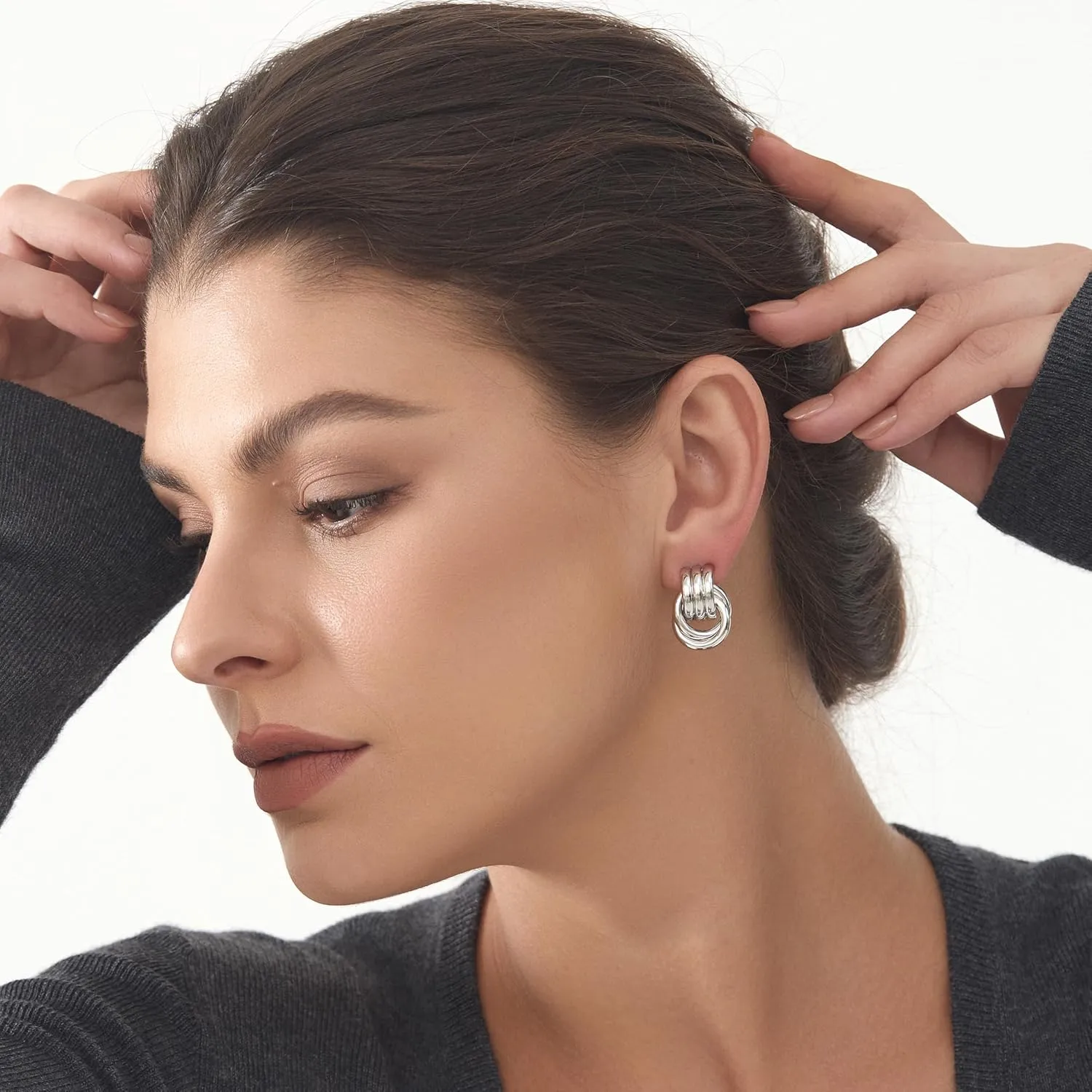 Gold-Plated Chunky Gold Earrings for Women Knot Link Circle Geometric Drop Dangle Earrings Studs Trendy Jewelry
