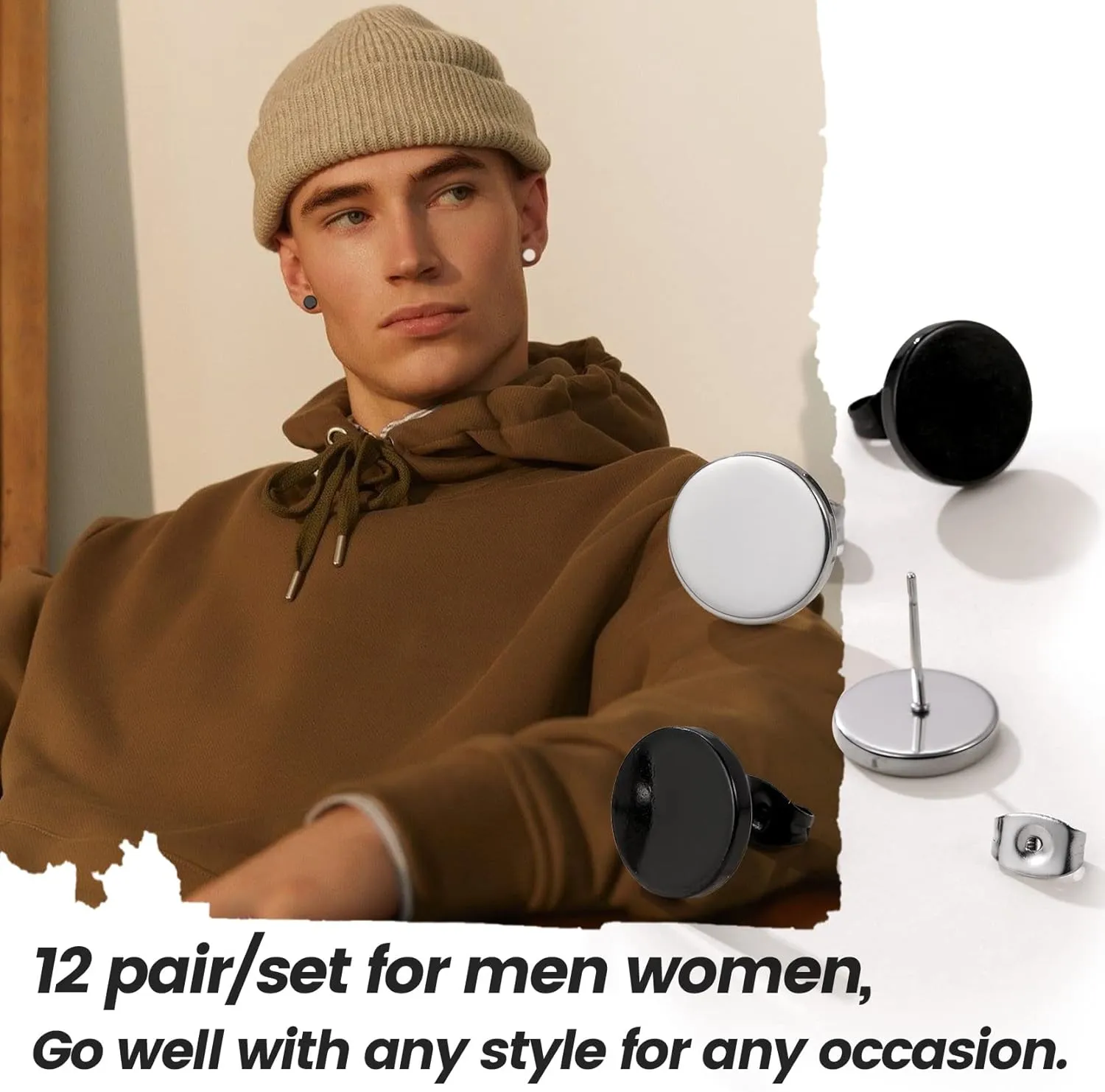 GoldChic Jewelry Earrings Sets for Men, Womens Stainless Steel Earrings Pack 3-12Pairs, Classic Design Bar/Hexagon/Geometric/Round Stud Earring Punk Ear Piercing Studs