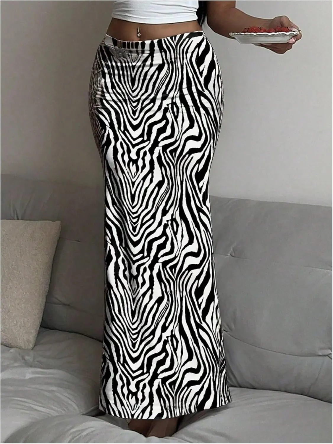 GORGLITTER Women's Zebra Bodycon Maxi Skirt Ruched High Waisted Y2K Going Out Long Skirt