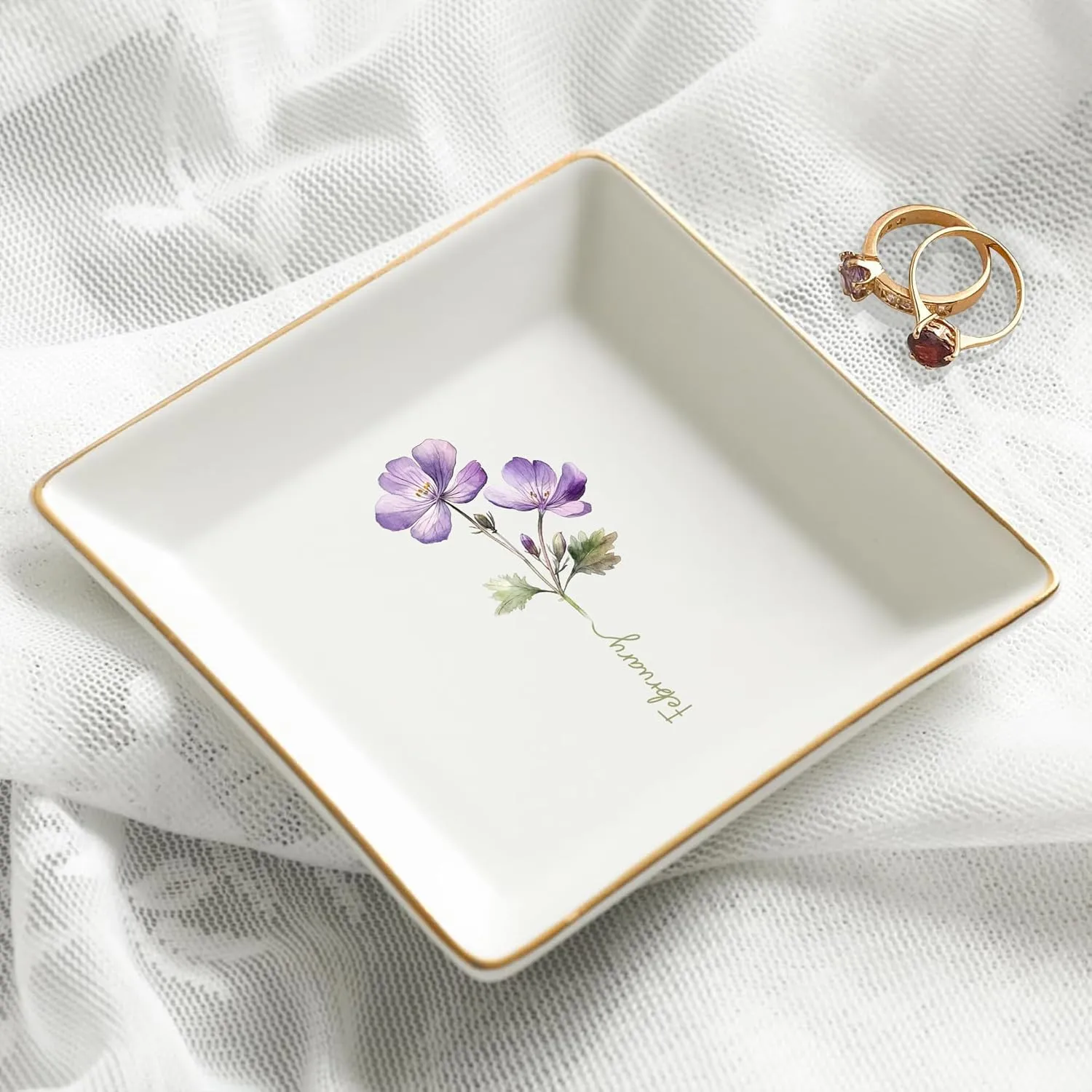 Gossby Personalized Jewelry Tray - Gift for Women, Mom, Friend with Birth Month Flower, Name - Ceramic Trinket Tray, Dish, Plate for Ring, Earring, Bracelet - Gift Mothers Day, Birthday, Christmas V1