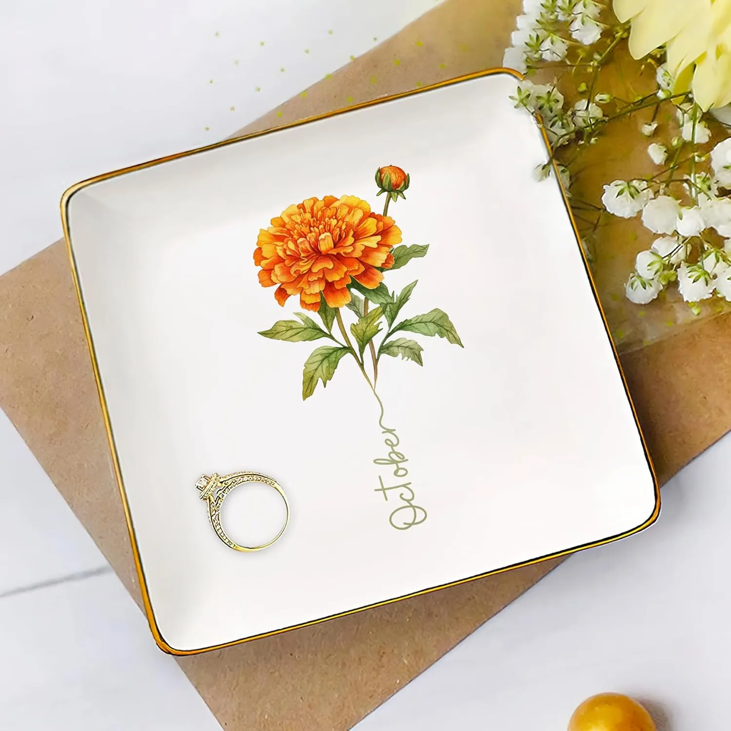 Gossby Personalized Jewelry Tray - Gift for Women, Mom, Friend with Birth Month Flower, Name - Ceramic Trinket Tray, Dish, Plate for Ring, Earring, Bracelet - Gift Mothers Day, Birthday, Christmas V1