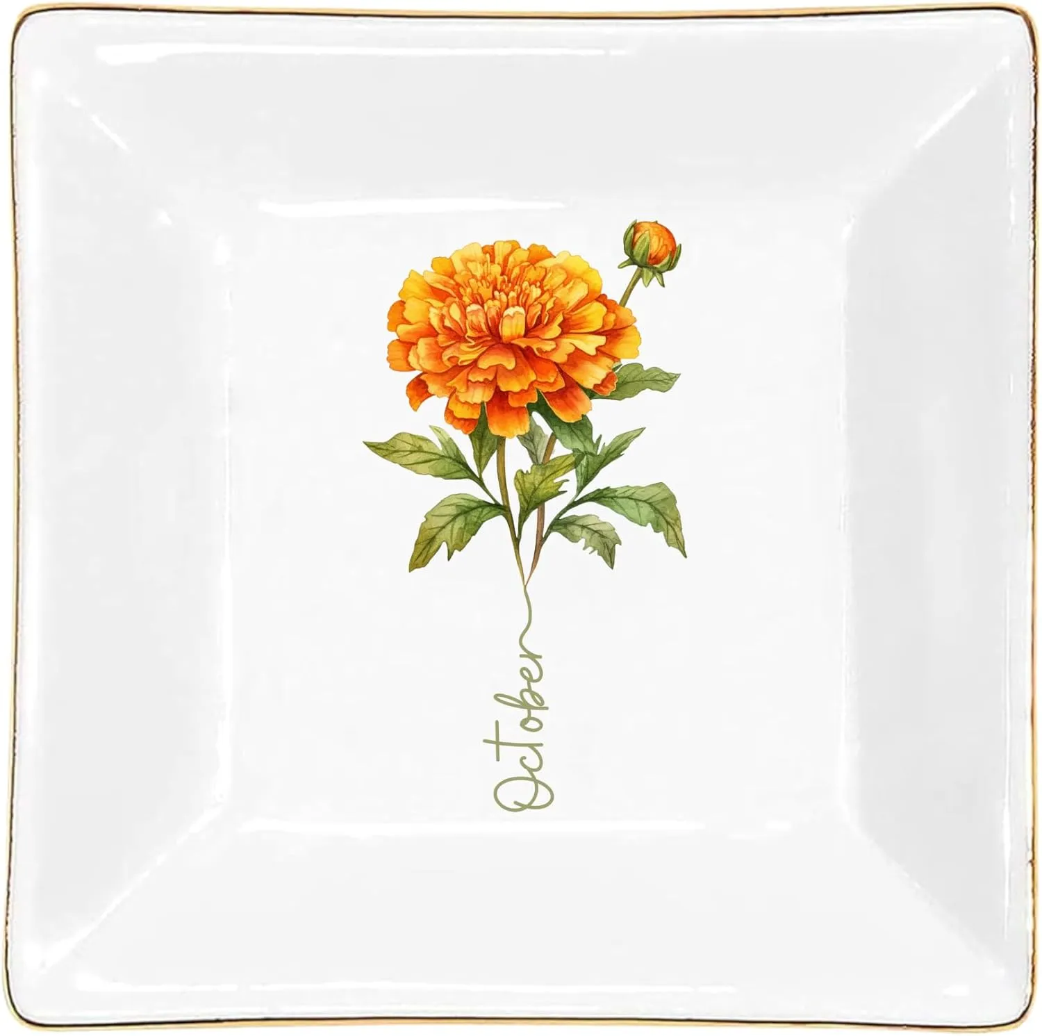 Gossby Personalized Jewelry Tray - Gift for Women, Mom, Friend with Birth Month Flower, Name - Ceramic Trinket Tray, Dish, Plate for Ring, Earring, Bracelet - Gift Mothers Day, Birthday, Christmas V1
