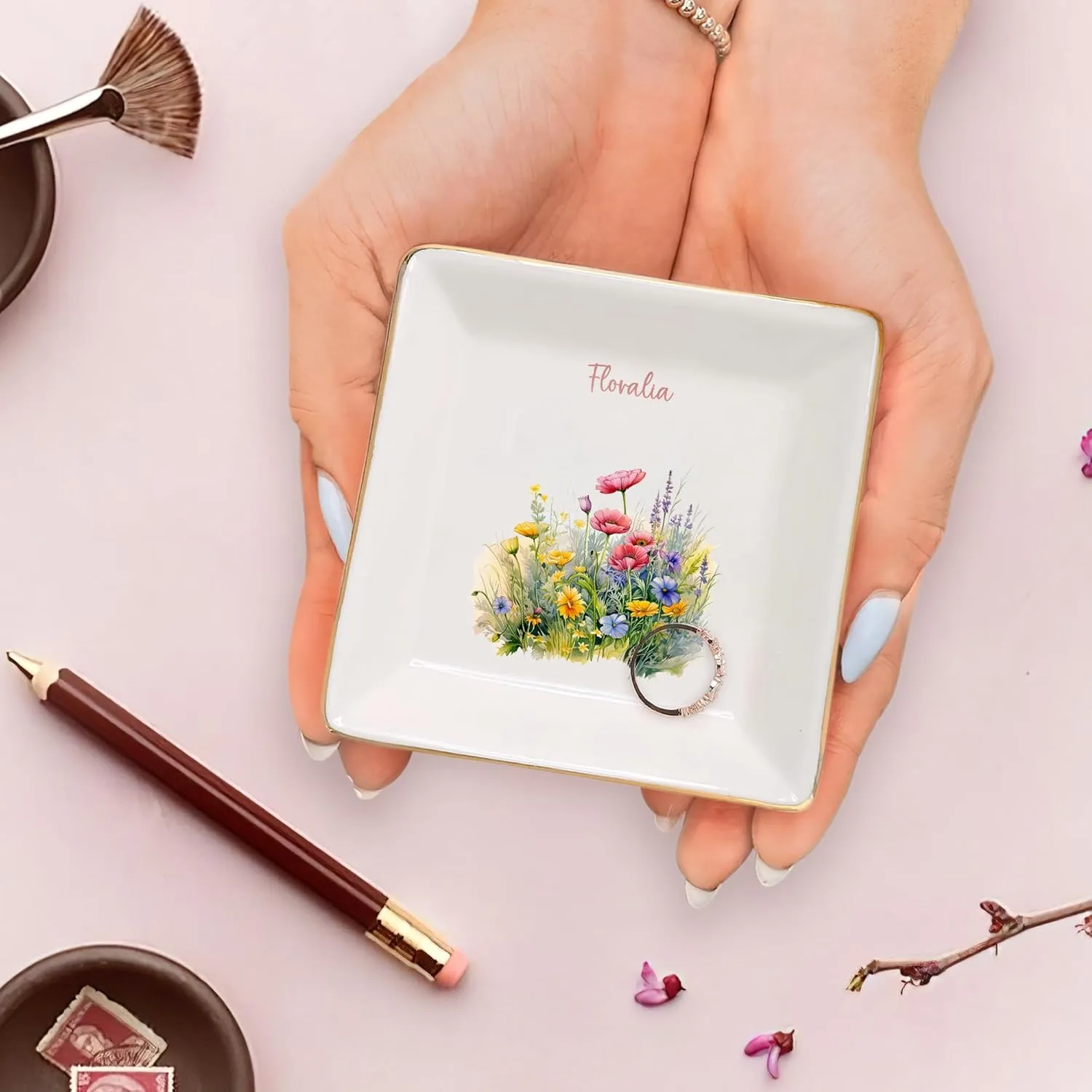 Gossby Personalized Jewelry Tray - Gift for Women, Mom, Friend with Birth Month Flower, Name - Ceramic Trinket Tray, Dish, Plate for Ring, Earring, Bracelet - Gift Mothers Day, Birthday, Christmas V2