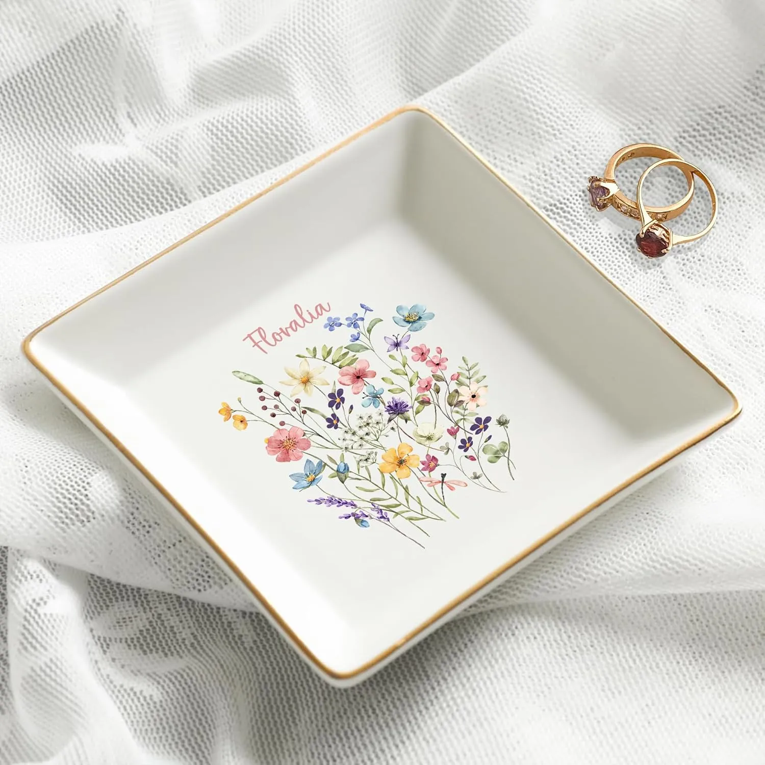 Gossby Personalized Jewelry Tray - Gift for Women, Mom, Friend with Birth Month Flower, Name - Ceramic Trinket Tray, Dish, Plate for Ring, Earring, Bracelet - Gift Mothers Day, Birthday, Christmas V2