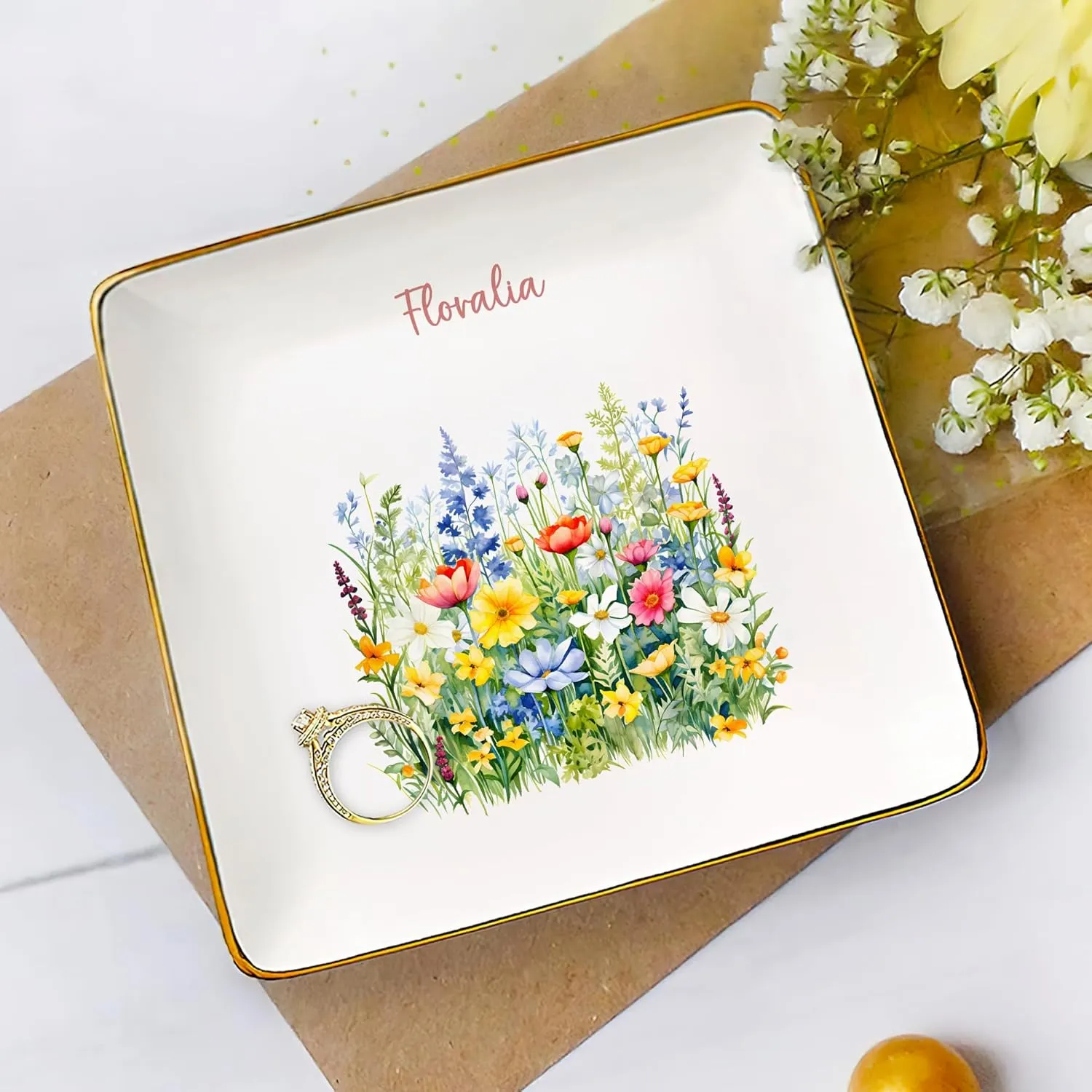 Gossby Personalized Jewelry Tray - Gift for Women, Mom, Friend with Birth Month Flower, Name - Ceramic Trinket Tray, Dish, Plate for Ring, Earring, Bracelet - Gift Mothers Day, Birthday, Christmas V2