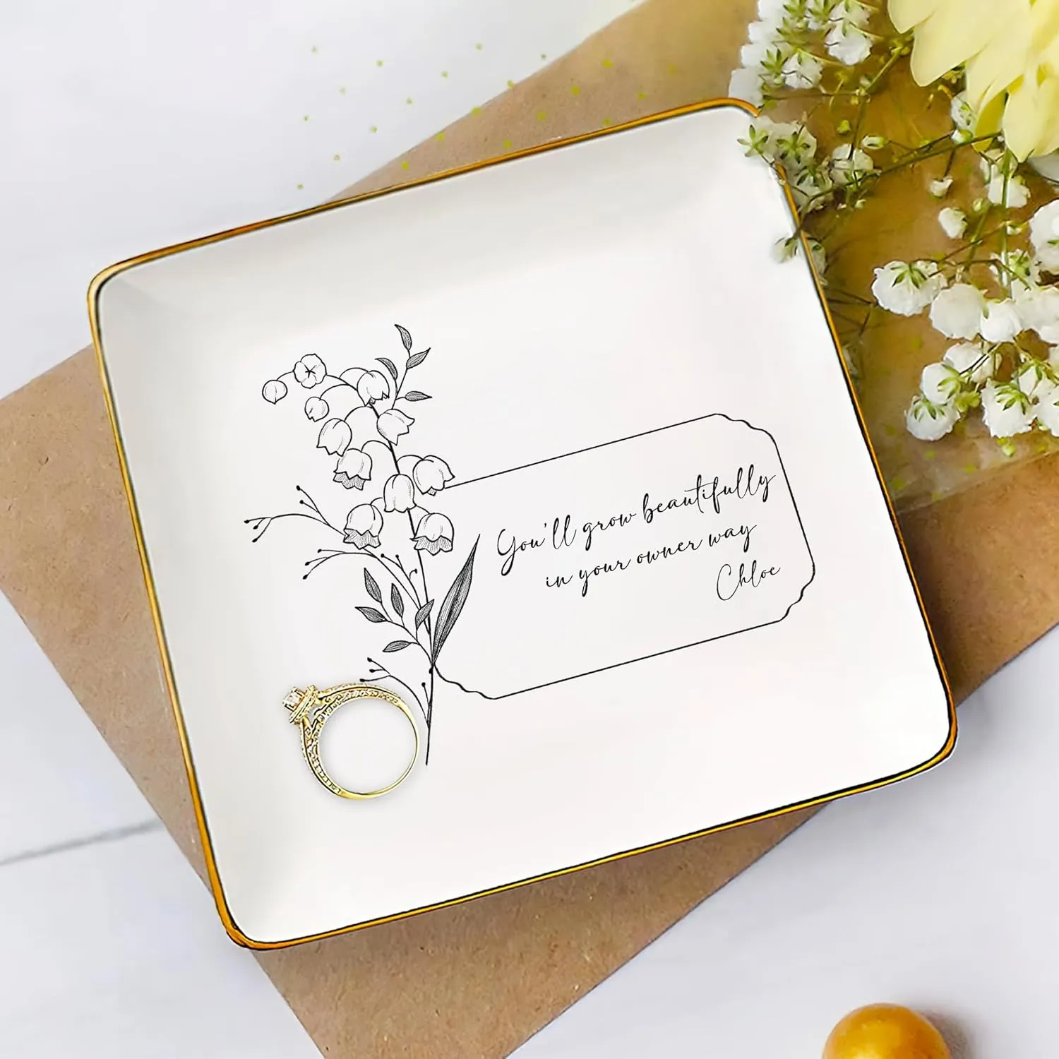 Gossby Personalized Jewelry Tray - Gift for Women Mom Friend with Birth Month Flower Name - Ceramic Trinket Tray Dish Plate for Ring Earring Bracelet - Gift Mothers Day Birthday Christmas V3