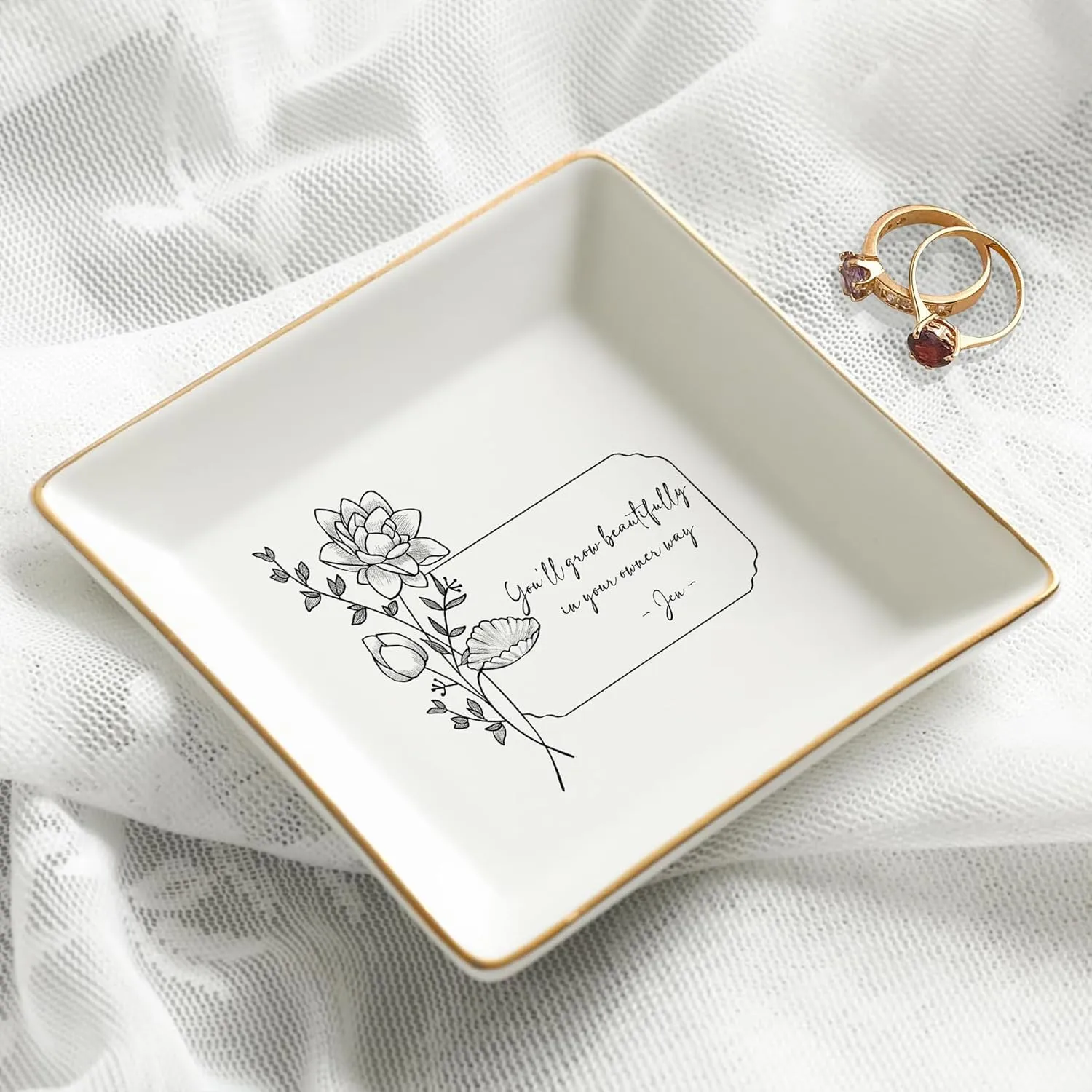 Gossby Personalized Jewelry Tray - Gift for Women Mom Friend with Birth Month Flower Name - Ceramic Trinket Tray Dish Plate for Ring Earring Bracelet - Gift Mothers Day Birthday Christmas V3