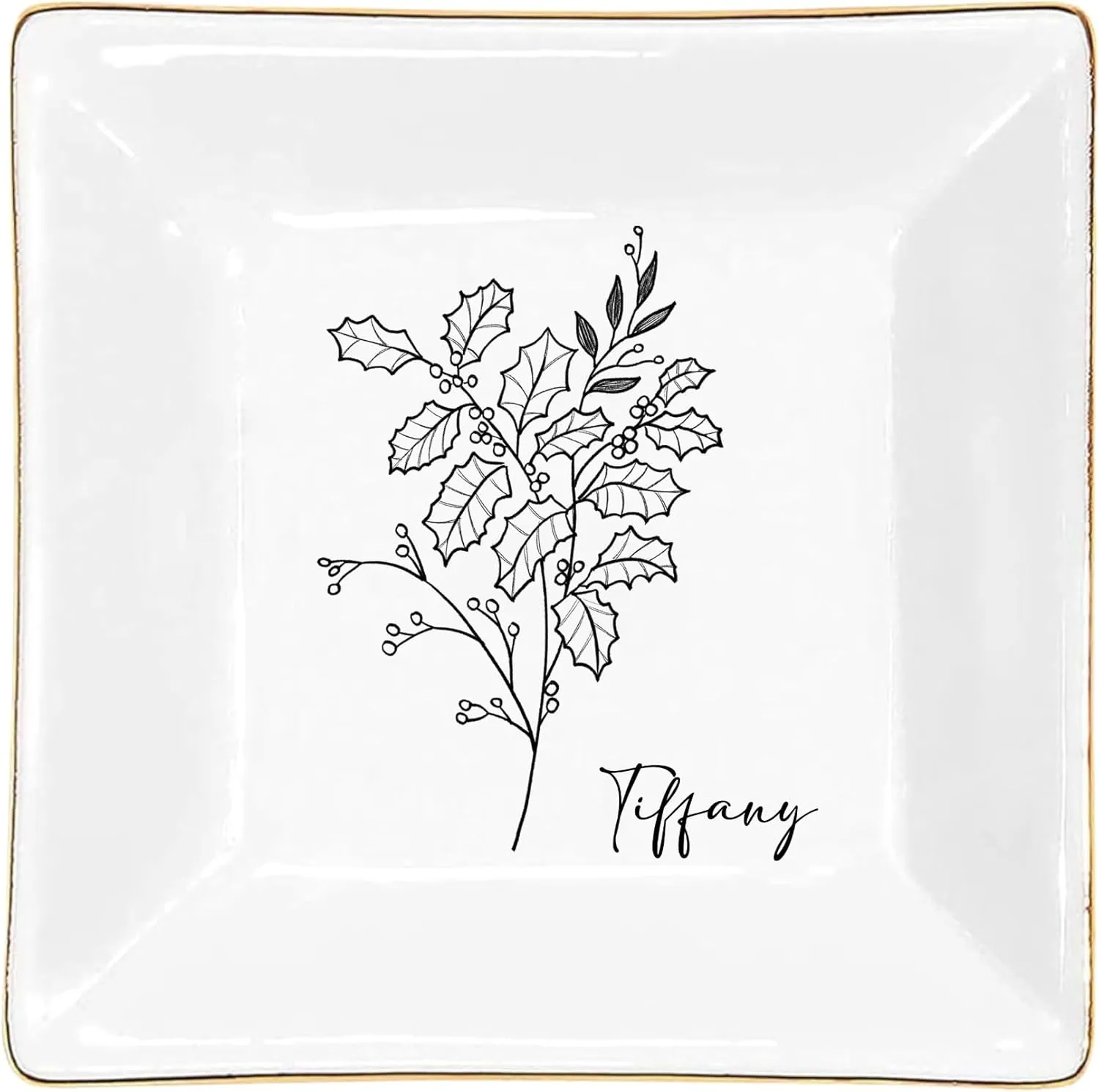 Gossby Personalized Jewelry Tray - Gift for Women, Mom, Friend with Birth Month Flower, Name - Ceramic Trinket Tray, Dish, Plate for Ring, Earring, Bracelet - Gift Mothers Day, Birthday, Christmas V4