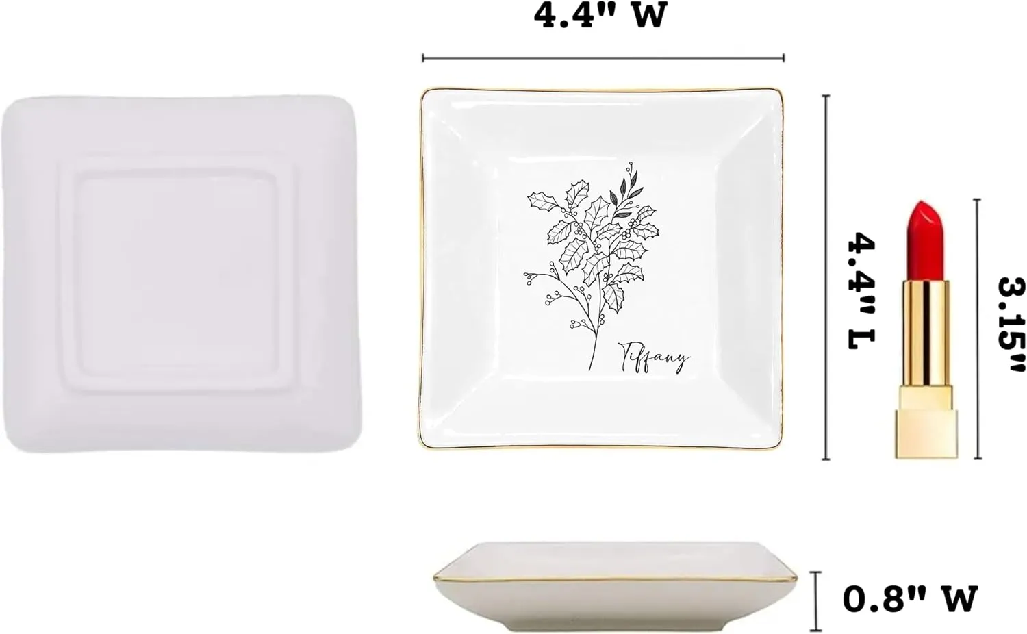 Gossby Personalized Jewelry Tray - Gift for Women, Mom, Friend with Birth Month Flower, Name - Ceramic Trinket Tray, Dish, Plate for Ring, Earring, Bracelet - Gift Mothers Day, Birthday, Christmas V4