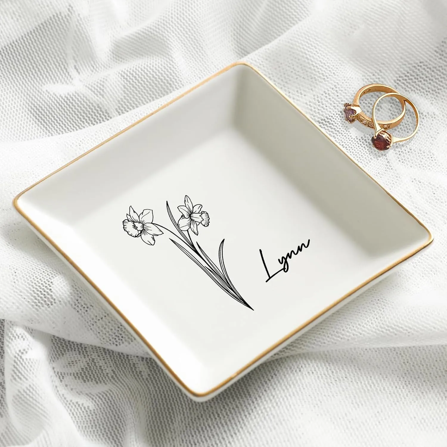 Gossby Personalized Jewelry Tray - Gift for Women Mom Friend with Birth Month Flower Name - Ceramic Trinket Tray Dish Plate for Ring Earring Bracelet - Gift Mothers Day Birthday Christmas V5