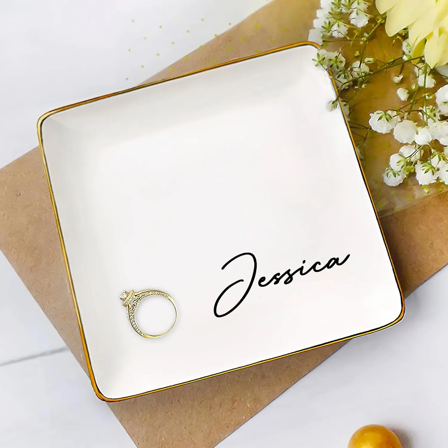 Gossby Personalized Jewelry Tray - Gift for Women Mom Friend with Name - White Ceramic Trinket Tray Dish Plate for Ring Earring Bracelet - Custom Gift Mothers Day Birthday Christmas