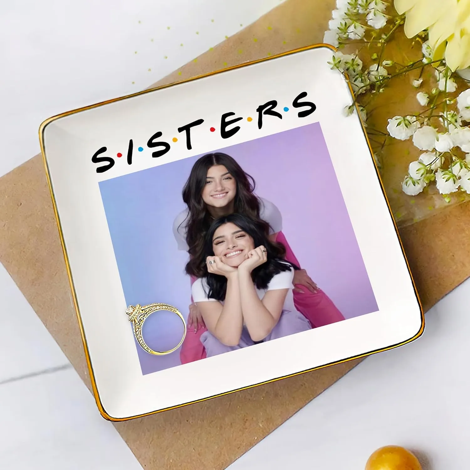 Gossby Personalized Photo Upload Jewelry Tray - Birthday Gifts For Women, Best Friend, Sisters - Decorative Tray, Dish, Plate For Ring, Earring, Bracelet - Sisters Female Gifts For Birthday, Christmas