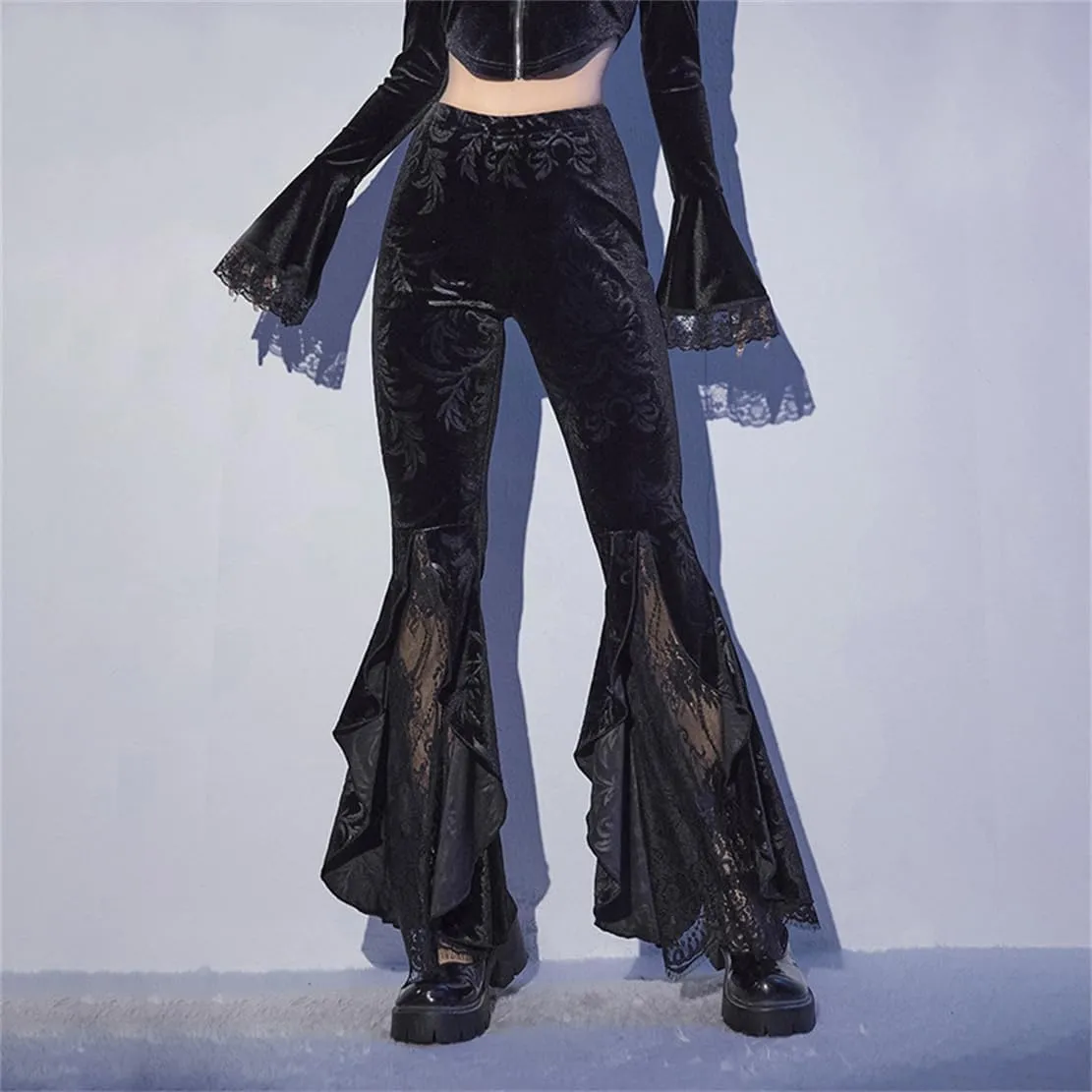 Gothic Bell Bottom Pants for Women Goth Grunge Black High Waisted Flare Leggings Boho Hippie Festival Outfits