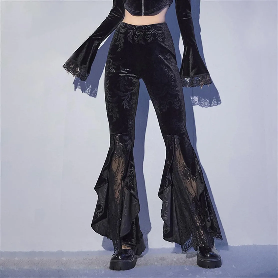 Gothic Bell Bottom Pants for Women Goth Grunge Black High Waisted Flare Leggings Boho Hippie Festival Outfits