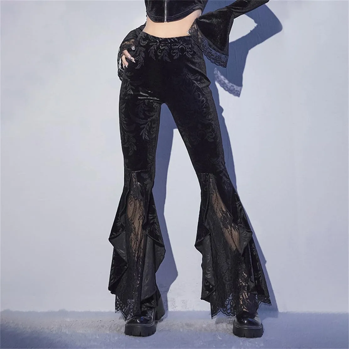 Gothic Bell Bottom Pants for Women Goth Grunge Black High Waisted Flare Leggings Boho Hippie Festival Outfits