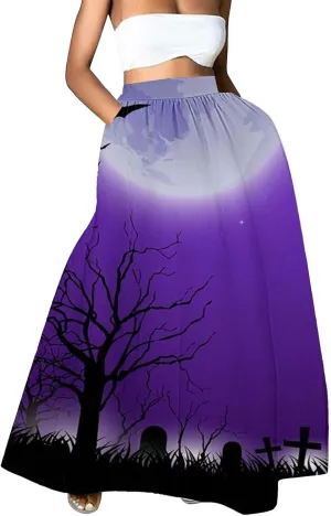 Halloween Skirt for Women High Waist Party Beach Pocket Long Maxi Skirt Women's Tutu Skirt Halloween Skirts