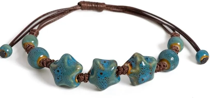 Handmade Glazed Ceramic Star Bracelet Adjustable Woven String For Women Men Gift