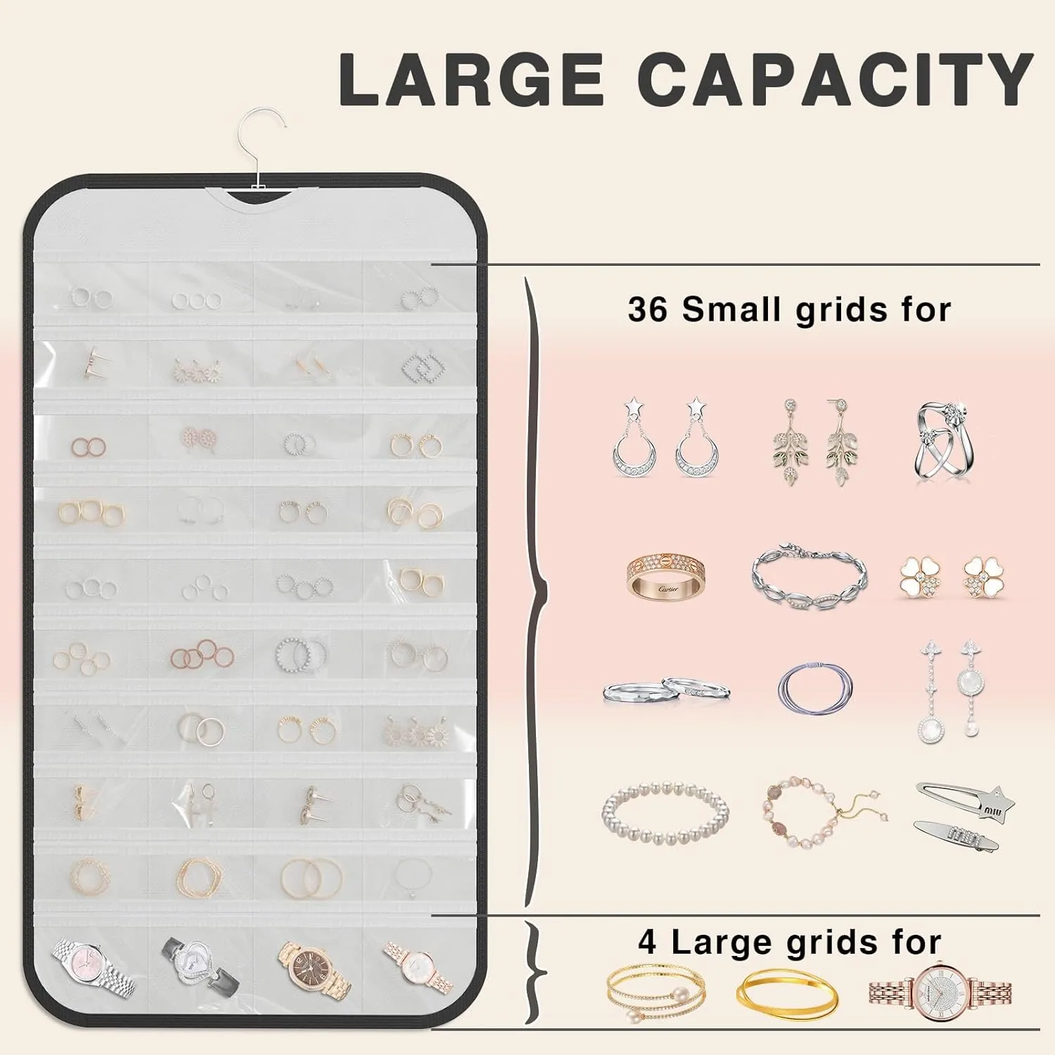 Hanging Jewelry Organizer Storage, 40 Pockets 36 Hooks Necklace Earring Bracelet Ring Organizer, Double - Sided Design, Black and White