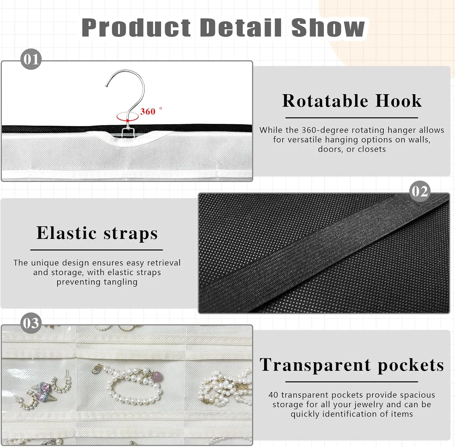 Hanging Jewelry Organizer Storage, 40 Pockets 36 Hooks Necklace Earring Bracelet Ring Organizer, Double - Sided Design, Black and White