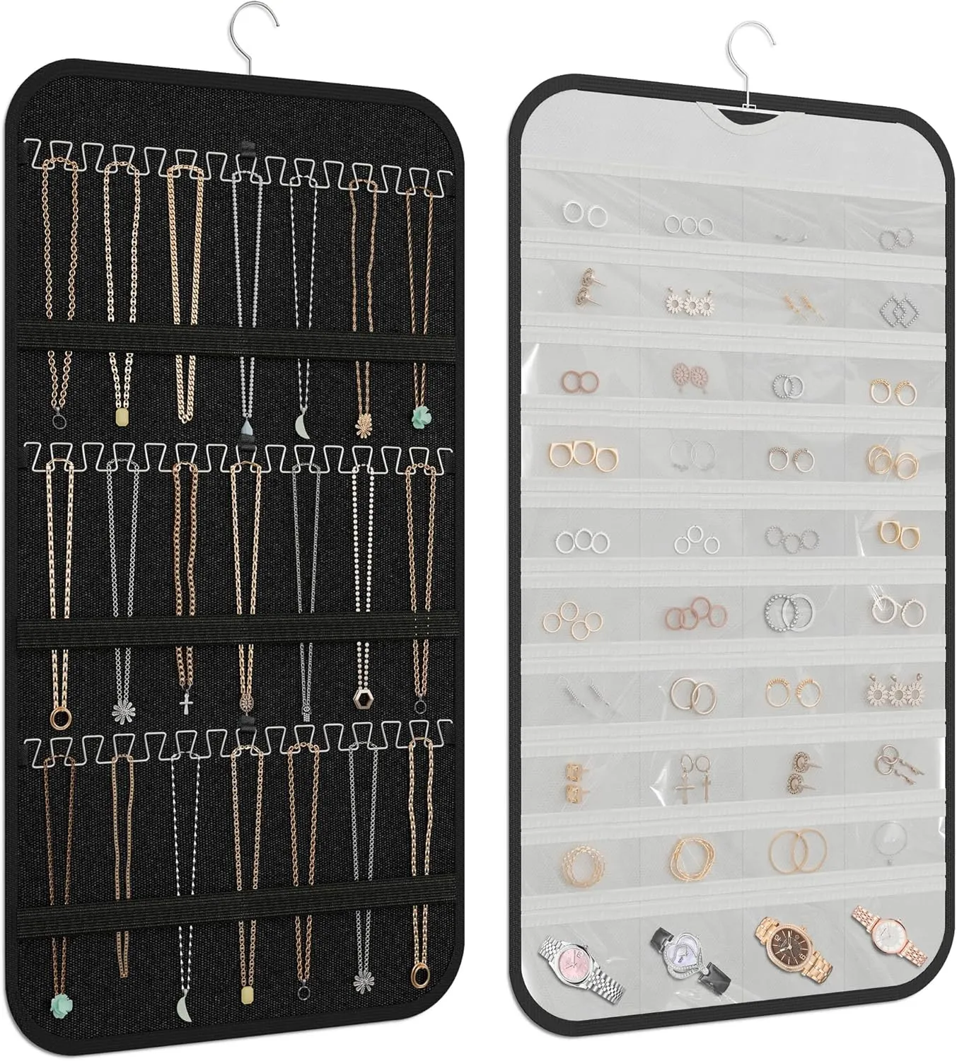 Hanging Jewelry Organizer Storage, 40 Pockets 36 Hooks Necklace Earring Bracelet Ring Organizer, Double - Sided Design, Black and White