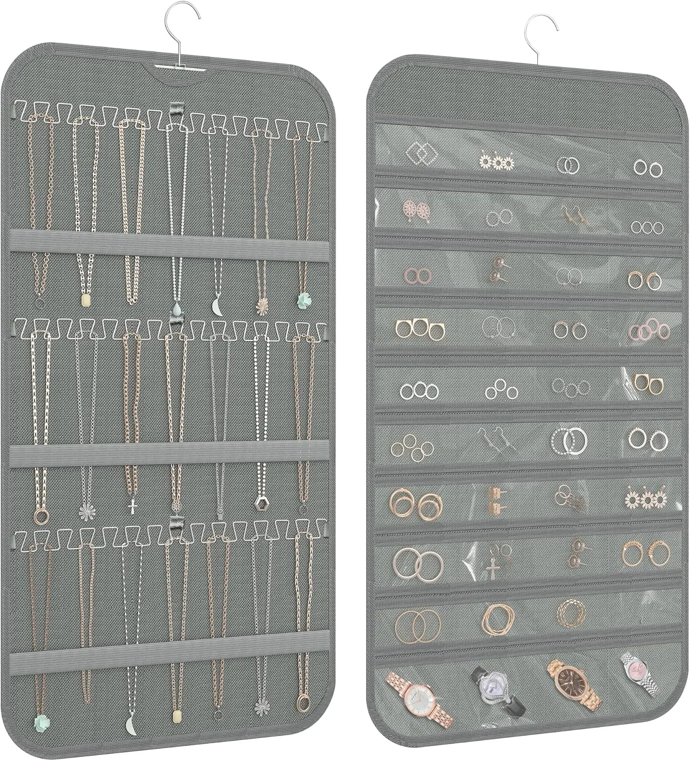 Hanging Jewelry Organizer Storage, 40 Pockets 36 Hooks Necklace Earring Necklace Bracelet Ring Organizer, Double - Sided Design, Grey