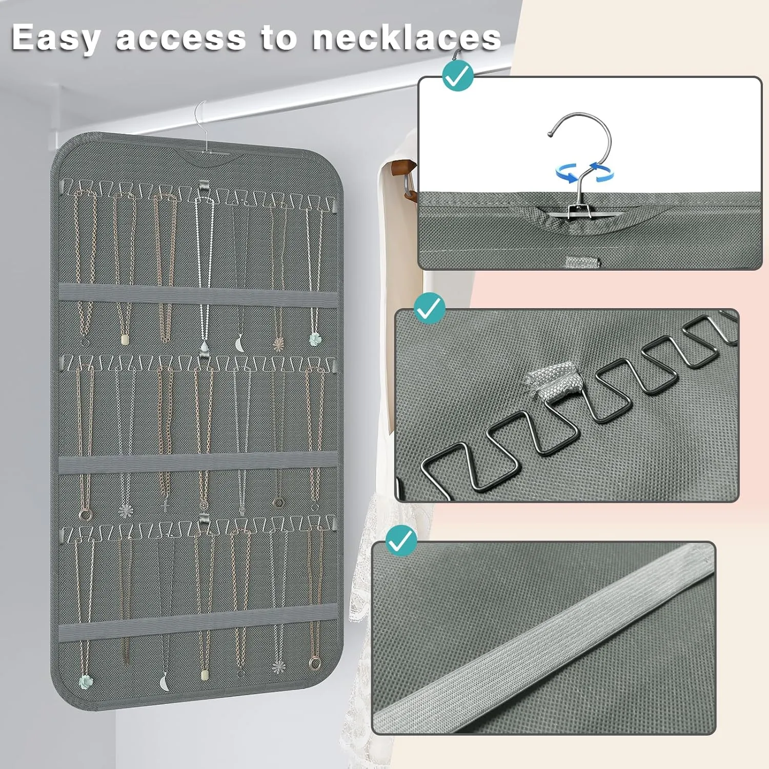 Hanging Jewelry Organizer Storage, 40 Pockets 36 Hooks Necklace Earring Necklace Bracelet Ring Organizer, Double - Sided Design, Grey