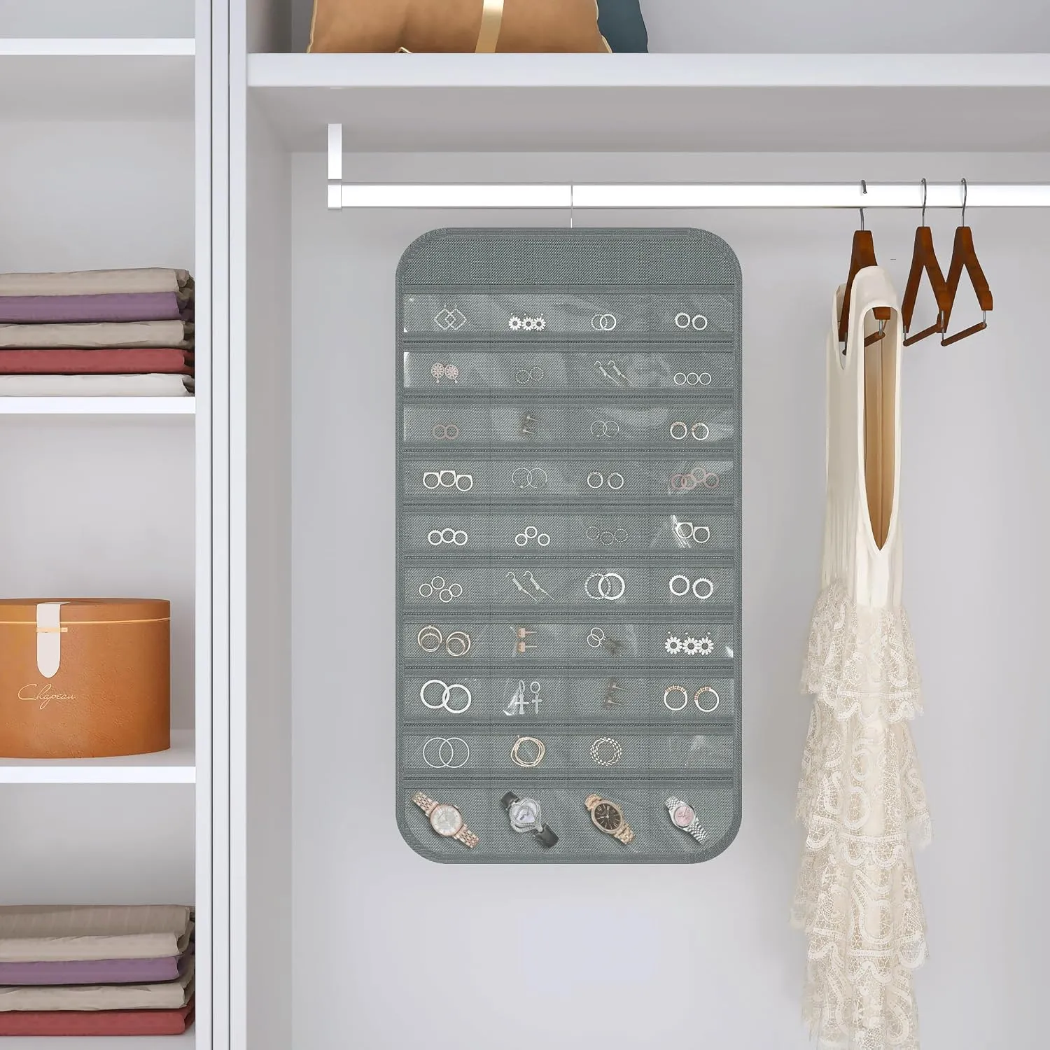 Hanging Jewelry Organizer Storage, 40 Pockets 36 Hooks Necklace Earring Necklace Bracelet Ring Organizer, Double - Sided Design, Grey