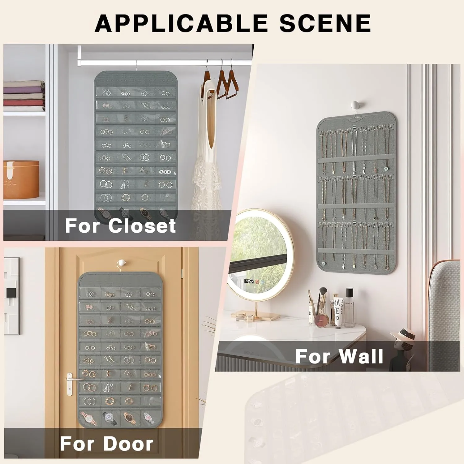 Hanging Jewelry Organizer Storage, 40 Pockets 36 Hooks Necklace Earring Necklace Bracelet Ring Organizer, Double - Sided Design, Grey