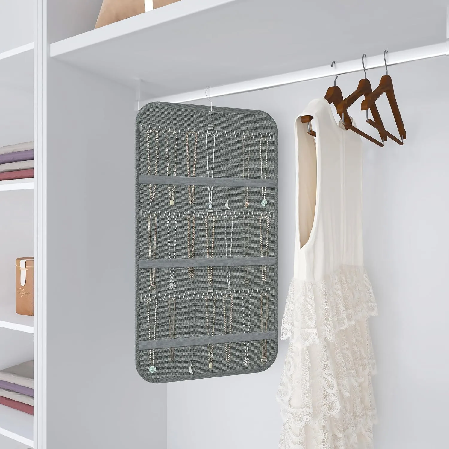 Hanging Jewelry Organizer Storage, 40 Pockets 36 Hooks Necklace Earring Necklace Bracelet Ring Organizer, Double - Sided Design, Grey